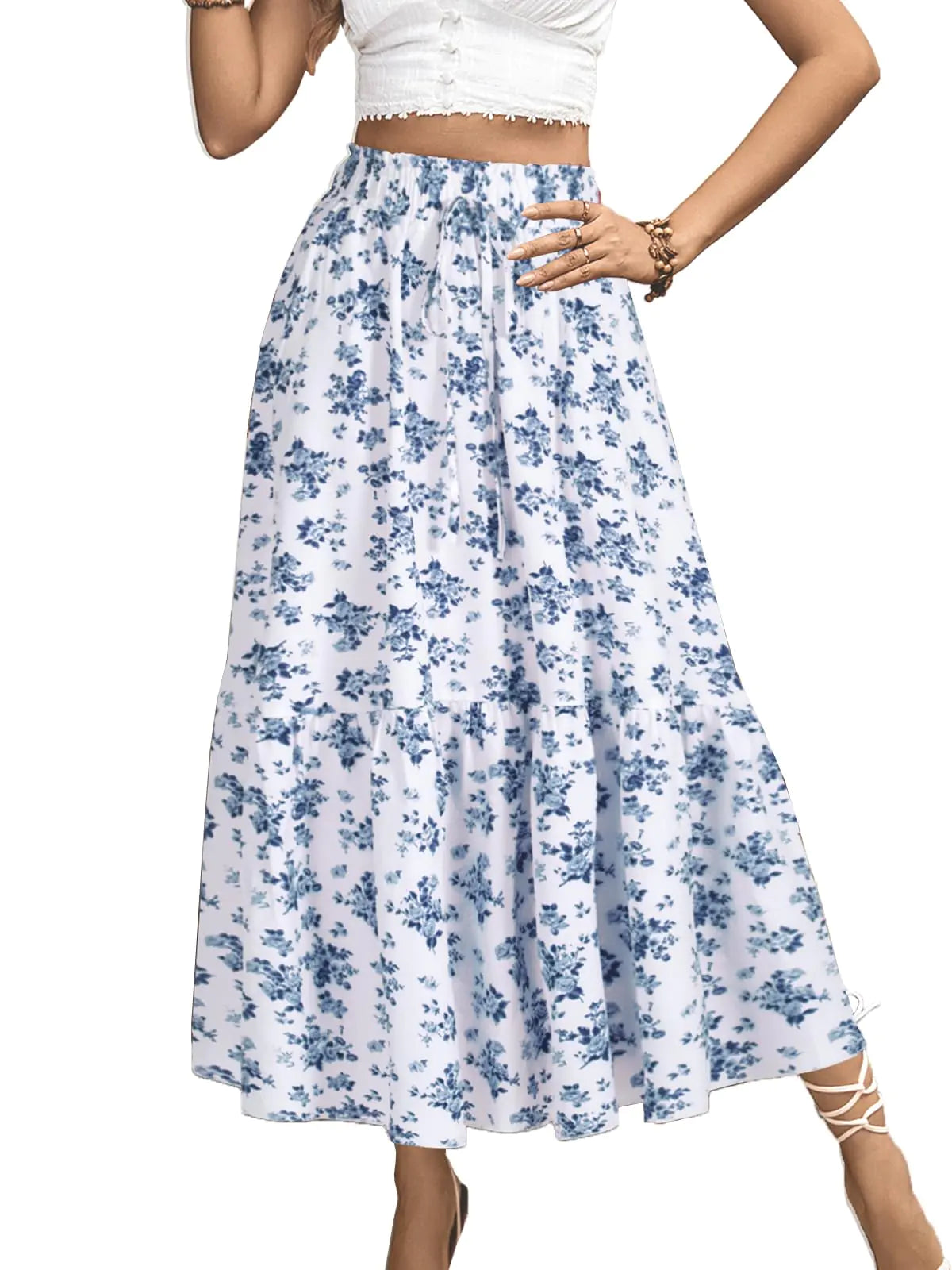 BARASA Womens Long A Line Skirts Casual Summer Trendy Tie Front Flowy Ruffle Floral Print Romatic Dating High Elastic Waist Skirt 8627 Navy White M